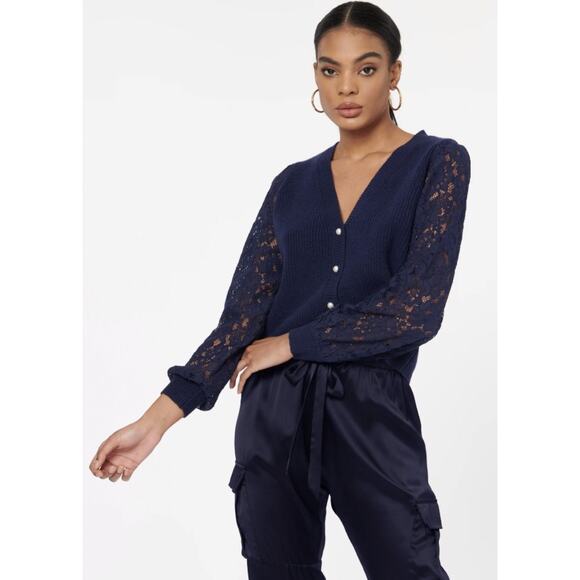 CAMI NYC Beth Merino Wool Lace Sleeve Cardigan Navy Blue {WW53} - Picture 2 of 4